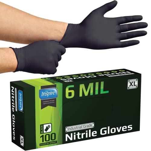 Inspire Black Nitrile Gloves HEAVY DUTY 6 Mil Nitrile Chemical Resistant Medical Cooking Cleaning Disposable Black Gloves (Large, 100, Count)