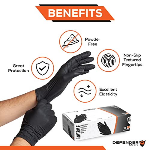 Defender Safety - Black Nitrile Gloves, Industrial Grade, Latex-Free, Disposable, Powder Free (Black) (Large, 100 count (4 Mil)