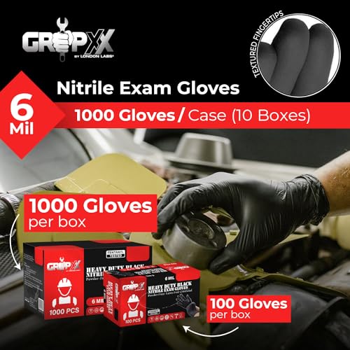 London Labs Heavy Duty Black Nitrile Exam Gloves 6Mil Disposable Industrial Powder & Latex Free (1000, X-Large)