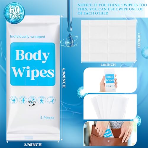 Threlaco 300 Pcs 60 Pack Body Wipes for Adults Bathing No Rinse Individually Wrapped Shower Wipes Washcloth with Aloe Cleansing Body Wash Cloths Disposable Cleansing Wipes(White Background)