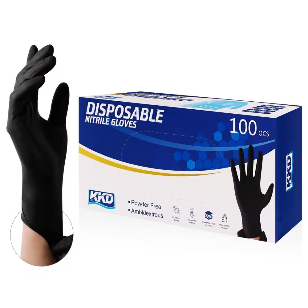 KKD Nitrile Gloves, 5.5 Mil Disposable Gloves Powder Free, 100 Count Food Safe Gloves Disposable Latex Free For Cooking, Cleaning, Work, Black, X-large