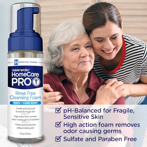 Welmedix HomeCare PRO No Rinse Body Wash Cleansing Foam, easier cleansing for caregivers managing incontinence, pressure ulcers, bedsores + use with adult wipes, disposable washcloth (5oz)