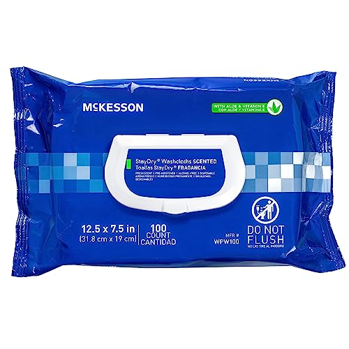 McKesson StayDry Disposable Wipe - Large Adult Body and Incontinence Washcloths with Aloe and Vitamin E, Alcohol-Free, 100 Wipes Per Pack