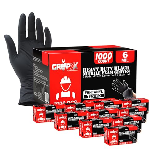 London Labs Heavy Duty Black Nitrile Exam Gloves 6Mil Disposable Industrial Powder & Latex Free (1000, X-Large)