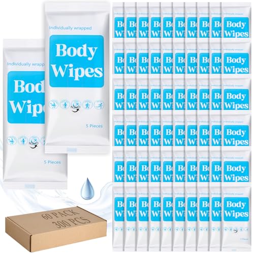 Threlaco 300 Pcs 60 Pack Body Wipes for Adults Bathing No Rinse Individually Wrapped Shower Wipes Washcloth with Aloe Cleansing Body Wash Cloths Disposable Cleansing Wipes(White Background)