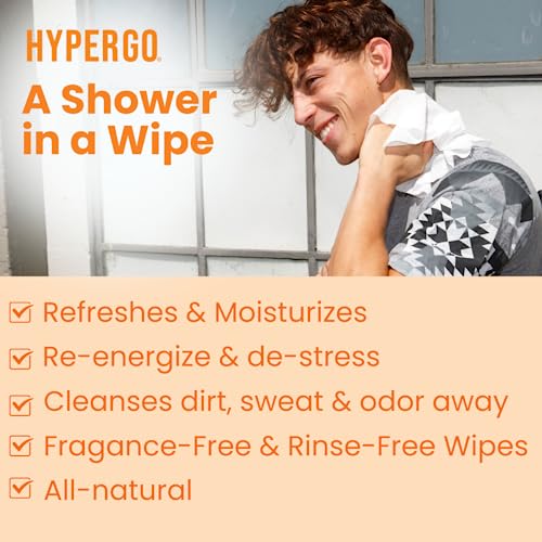 HyperGo Full-Body Rinse-Free Hypoallergenic Biodegradable Bathing Wipes –All Natural, Refreshing Anytime Anywhere, Post Workout, Camping, Travel, Daily Life, 12”x12” X-Large 20-count, Unscented 1 Pack