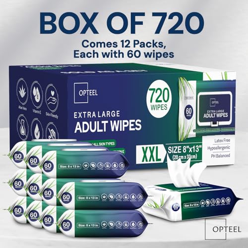 Adult Wipes For Elderly - 8"x13" 720ct (12 Packs of 60) Huge & Super Soft Body Wipes for Adults Bathing No-Rinse - Thick Incontinence Disposable Washcloths, Vitamin E & Aloe Infused Shower Wipes.