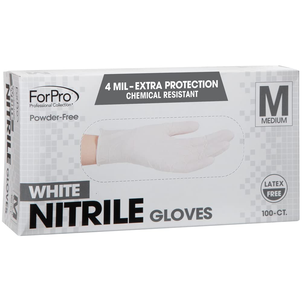 ForPro Professional Collection Disposable Nitrile Gloves, Chemical Resistant, Powder-Free, Latex-Free, Non-Sterile, Food Safe, 4 Mil, White, Medium, 100-Count