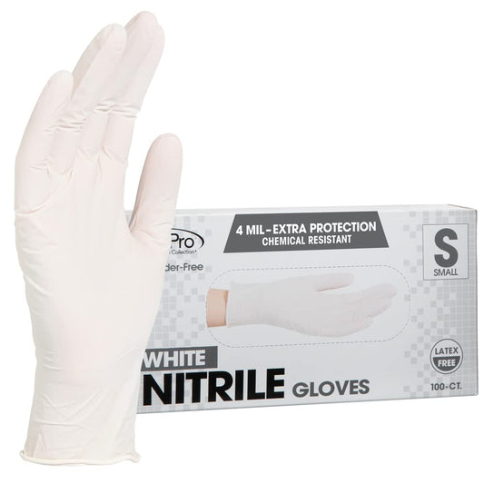 ForPro Professional Collection Disposable Nitrile Gloves, Chemical Resistant, Powder-Free, Latex-Free, Non-Sterile, Food Safe, 4 Mil, White, Small, 100-Count