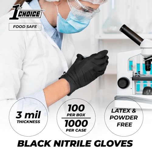 1st Choice Black Nitrile Gloves Box of 100 Large Gloves Disposable Latex Free - Exam Grade Black Gloves for Cooking - 3mil