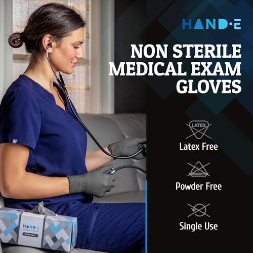 Hand-E Touch Grey Disposable Nitrile Gloves Medium 50 Count, Powder and Latex Free Medical Gloves, Exam Surgical Gloves, Food Safe Cooking Gloves - Textured Fingertips