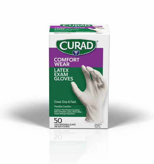 Curad Comfort Wear Latex Exam Gloves, Powder-Free, One Size Fits Most, 50 Count,White