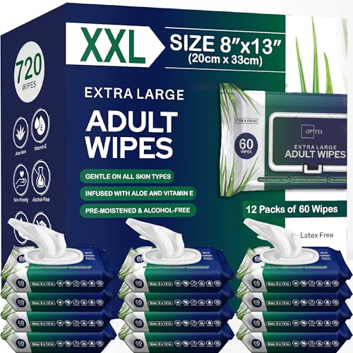 Adult Wipes For Elderly - 8"x13" 720ct (12 Packs of 60) Huge & Super Soft Body Wipes for Adults Bathing No-Rinse - Thick Incontinence Disposable Washcloths, Vitamin E & Aloe Infused Shower Wipes.