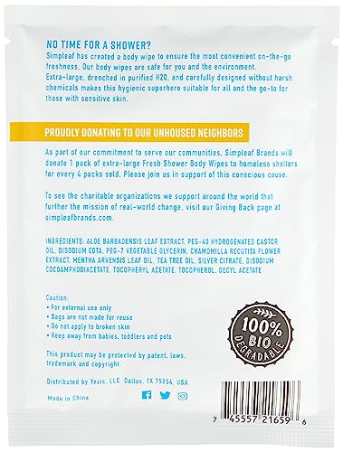 Simpleaf Body Wipes Rinse Free - XL 12" x 12" Shower Wipes - Eco-Friendly, Paraben & Alcohol Free - Hypoallergenic, Safe For Skin Bathing Wipes - Bath Wipes For Adults No Rinse (3 x 20 Count) Pack