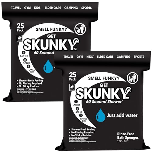 Skunky Disposable Rinse-Free Bathing Sponge Wipes, AS-SEEN-ON-TV, Cleans Without a Shower, Just Add Water, Lather, Scrub & Dry With No Sticky Residue, Gym, Elder Care, Kids & More, 2 Pack