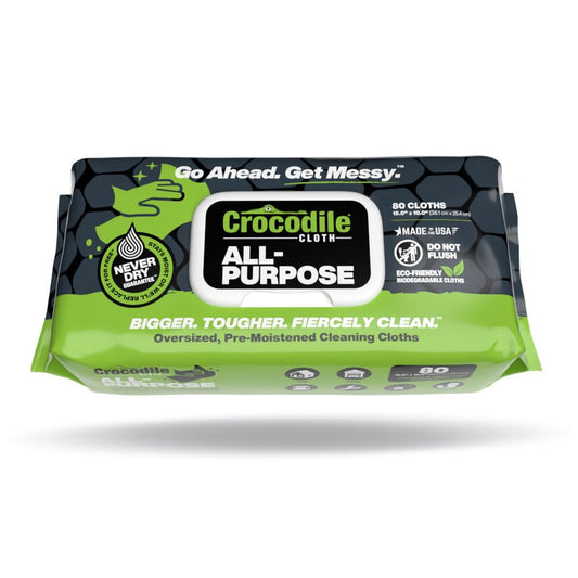 Crocodile Cloth All-Purpose - 80 Biodegradable, 10" X 15" Cleaning Wipes. Large, Moist, Absorbent and Disposable Cleaning Cloths. Safe on Skin and Multiple Surfaces.