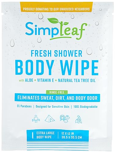 Simpleaf Body Wipes Rinse Free - XL 12" x 12" Shower Wipes - Eco-Friendly, Paraben & Alcohol Free - Hypoallergenic, Safe For Skin Bathing Wipes - Bath Wipes For Adults No Rinse (3 x 20 Count) Pack