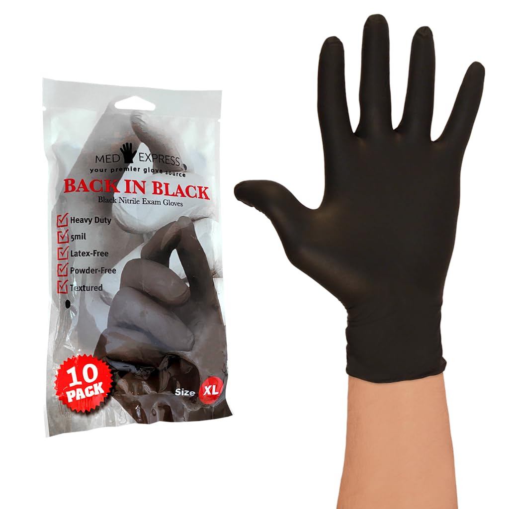 Med Express Nitrile Exam Gloves Black | 5 Mil Thick Nitrile Gloves | Latex-Free, Powder Free | Textured | Heavy Duty Black Nitrile Gloves XL 10 Pack