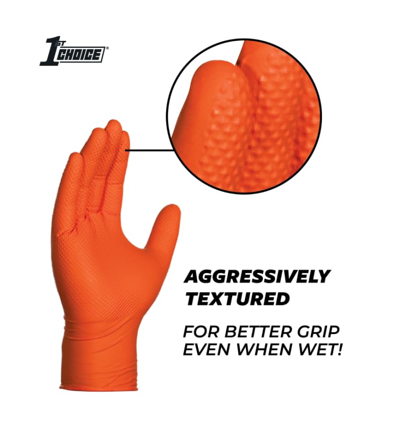 1st Choice 6 mil Mechanic Gloves, Nitrile Gloves Disposable Latex Free - Large Box of 100 Orange Nitrile Disposable Gloves