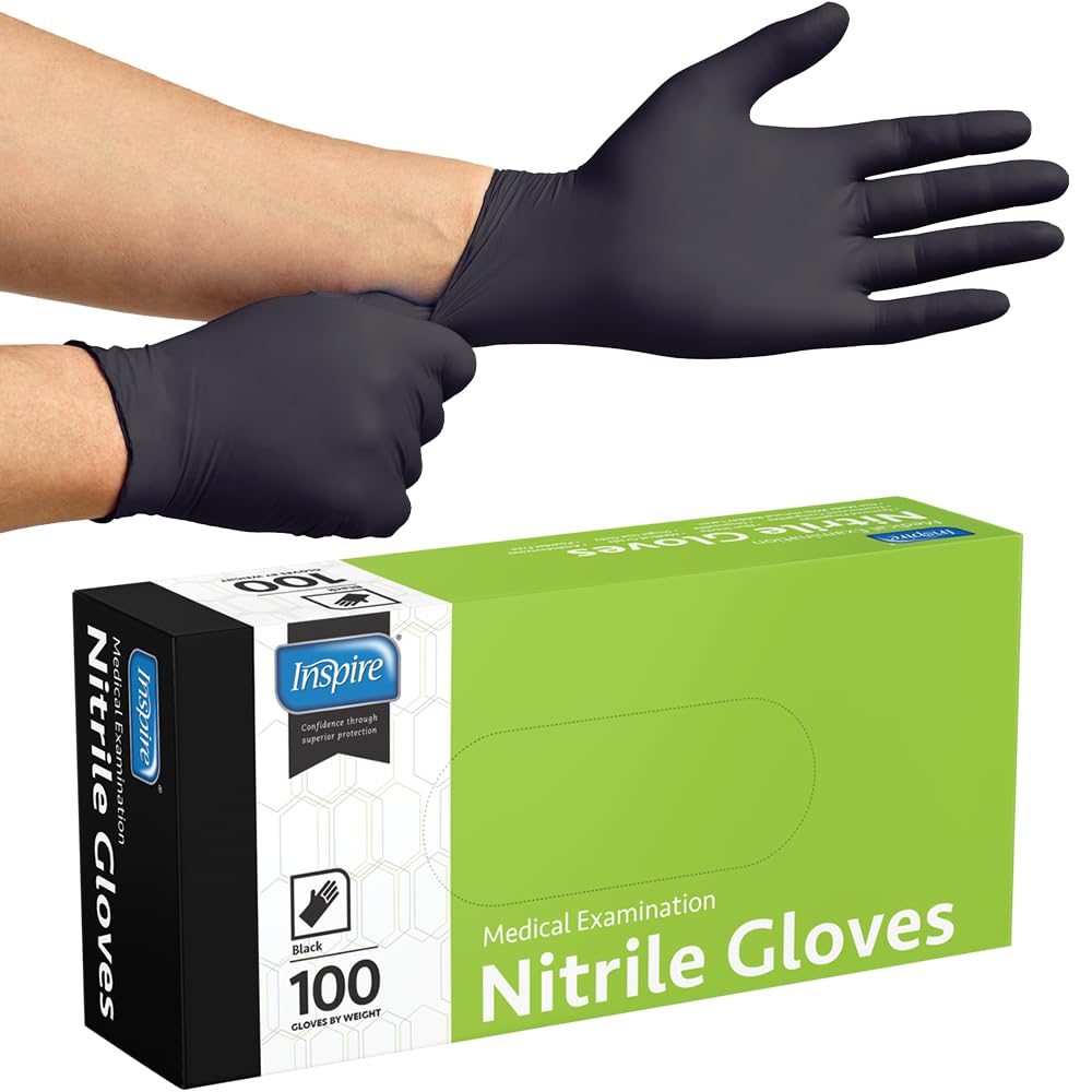 Inspire Black Nitrile Gloves | THE ORIGINAL Quality Black Gloves Disposable Latex Free | 4.5 Medical Gloves Cooking Gloves, Food Prep Gloves Mechanic Gloves Disposable Gloves Cleaning Gloves, Tattoo