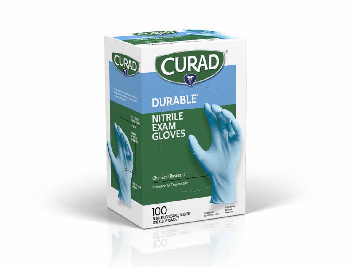 Curad Nitrile Exam Gloves, Durable, Powder Free, Chemical Resistant, One Size Fits Most, 100 Count