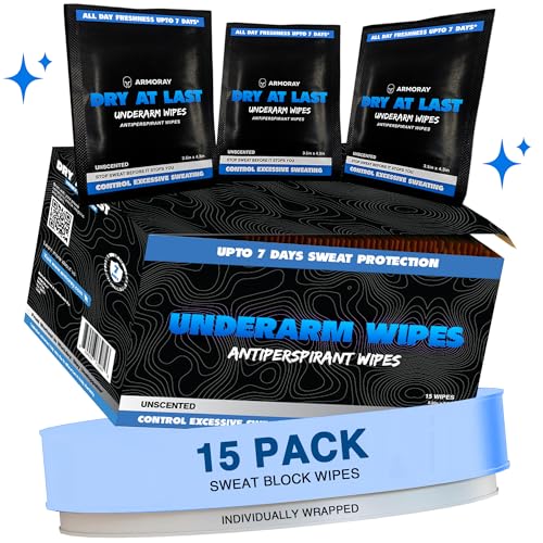 Armoray Dry At Last Underarm Sweat Wipes - Deodorant Wipes for Women & Men - Unscented Antiperspirant Wipes - Alcohol-Free Armpit Wipes - Pack of 15 Deodorant Wipes Individually Wrapped