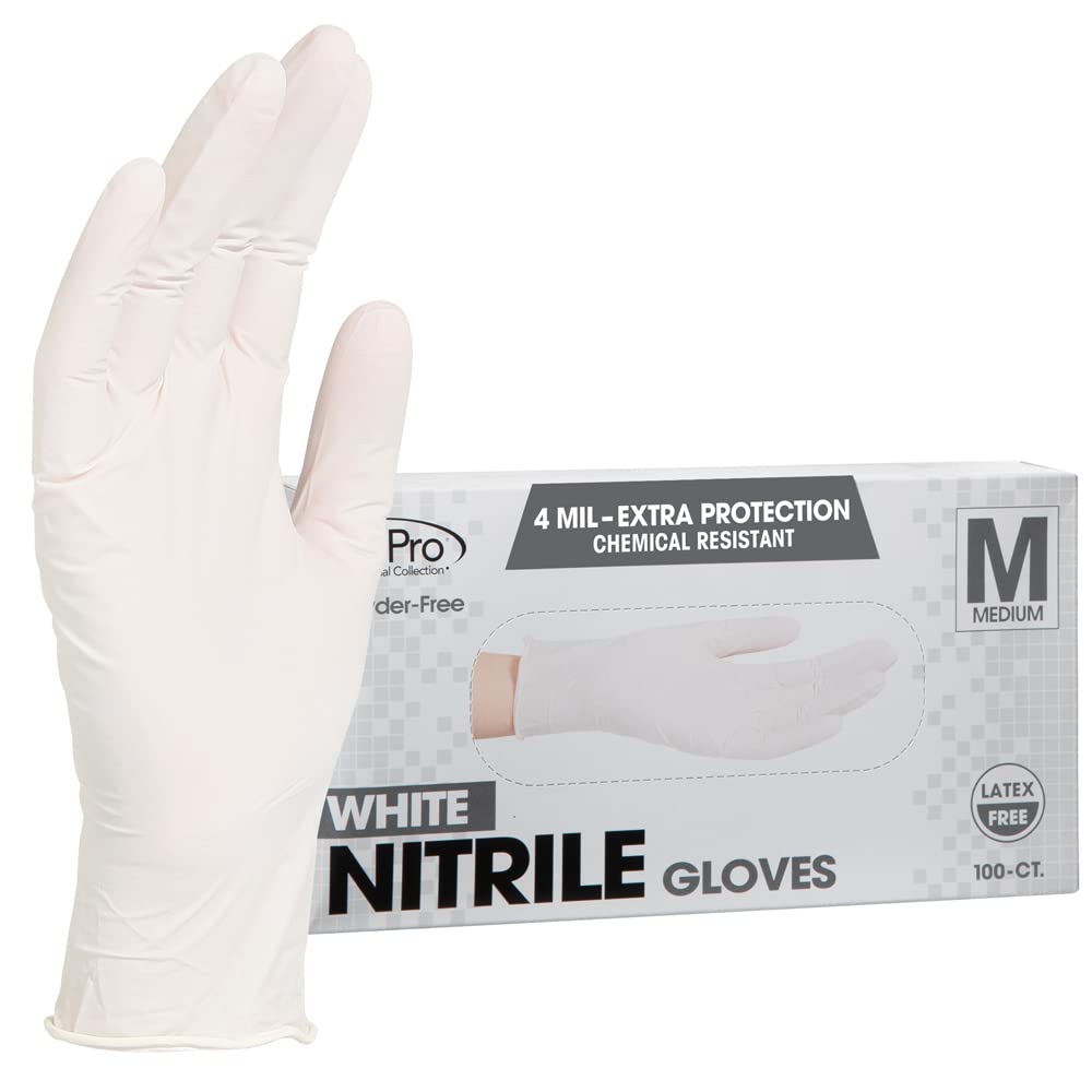 ForPro Professional Collection Disposable Nitrile Gloves, Chemical Resistant, Powder-Free, Latex-Free, Non-Sterile, Food Safe, 4 Mil, White, Medium, 100-Count