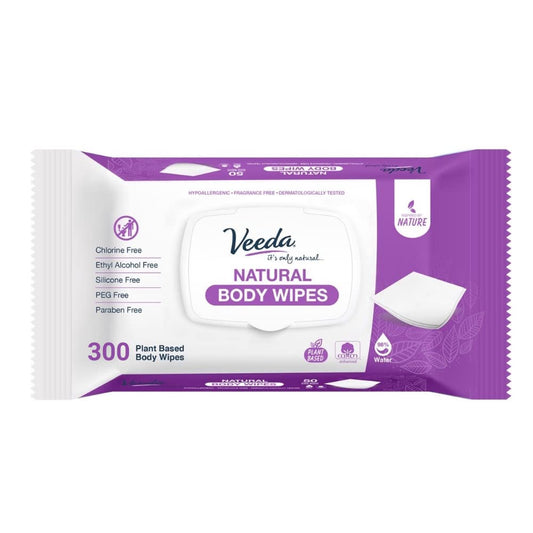 Veeda Natural Cotton Body Wipes for Adults - 300 Count, Hypoallergenic & pH Balanced Wet Wipes - Unscented Personal Cleansing Wipes Safe for Sensitive Skin, Plant based Soft Wipes