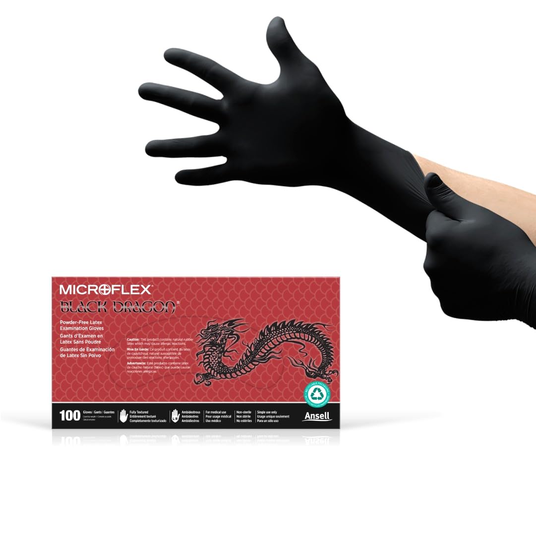 Microflex Black Dragon BD-100L 6mil Disposable Latex Gloves w/Full Texture for Food Processing, Automotive - Large, Black (Box of 100)