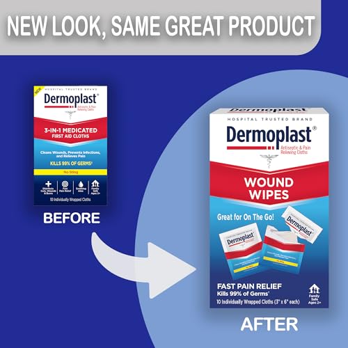 Dermoplast Wound Wipes Medicated First Aid Cloths, Analgesic & Antiseptic Wipes for Treating Minor Cuts, Scrapes and Burns on The Go, Sting Free Formula, 10 Individual Cloths (Packaging May Vary)