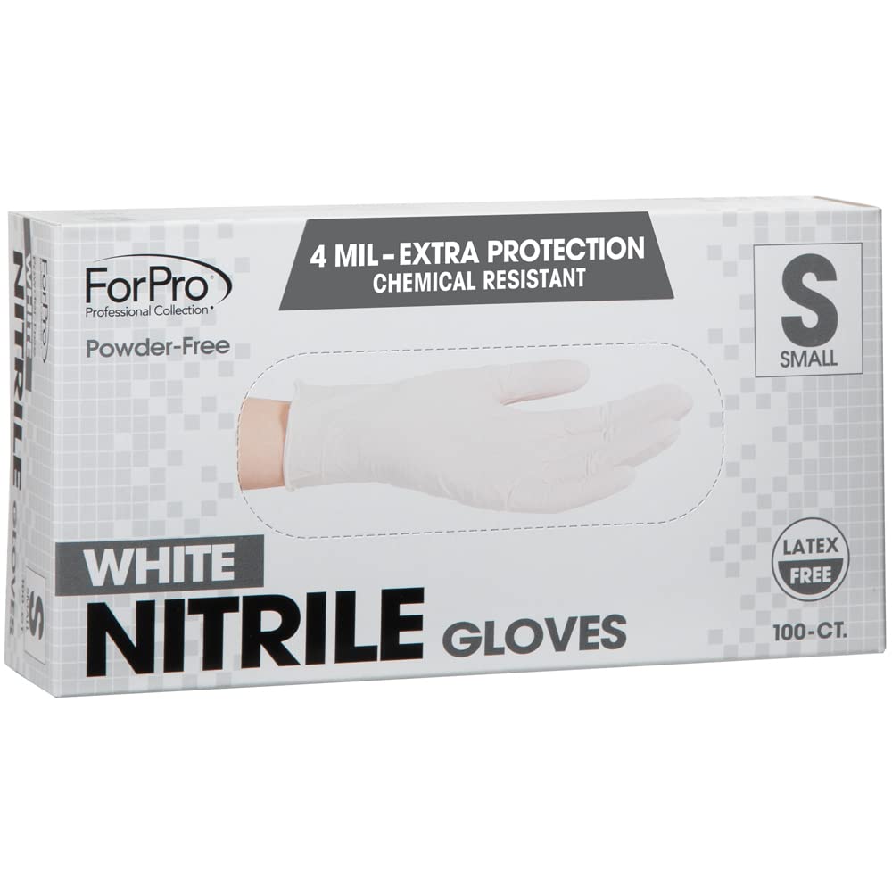 ForPro Professional Collection Disposable Nitrile Gloves, Chemical Resistant, Powder-Free, Latex-Free, Non-Sterile, Food Safe, 4 Mil, White, Small, 100-Count