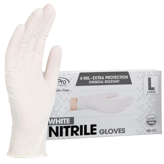 ForPro Professional Collection Disposable Nitrile Gloves, Chemical Resistant, Powder-Free, Latex-Free, Non-Sterile, Food Safe, 4 Mil, White, Large, 100-Count