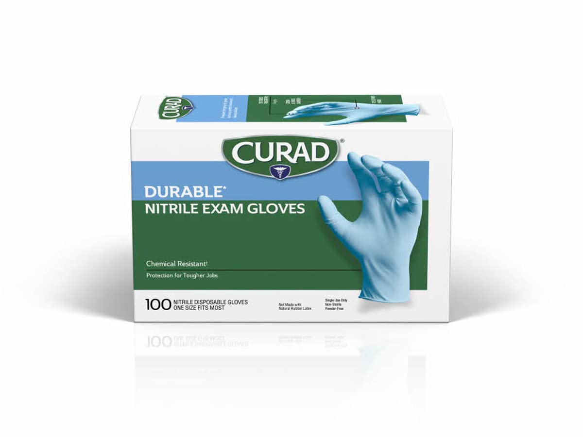 Curad Nitrile Exam Gloves, Durable, Powder Free, Chemical Resistant, One Size Fits Most, 100 Count