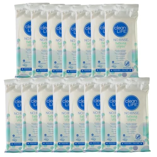 No-Rinse Bathing Wipes by Cleanlife Products (15 Pack), Premoistened and Aloe Vera Enriched for Maximum Cleansing and Deodorizing - Microwaveable, Hypoallergenic, Rinse-Free and Latex-Free (8 Wipes)