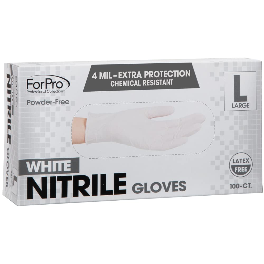 ForPro Professional Collection Disposable Nitrile Gloves, Chemical Resistant, Powder-Free, Latex-Free, Non-Sterile, Food Safe, 4 Mil, White, Large, 100-Count