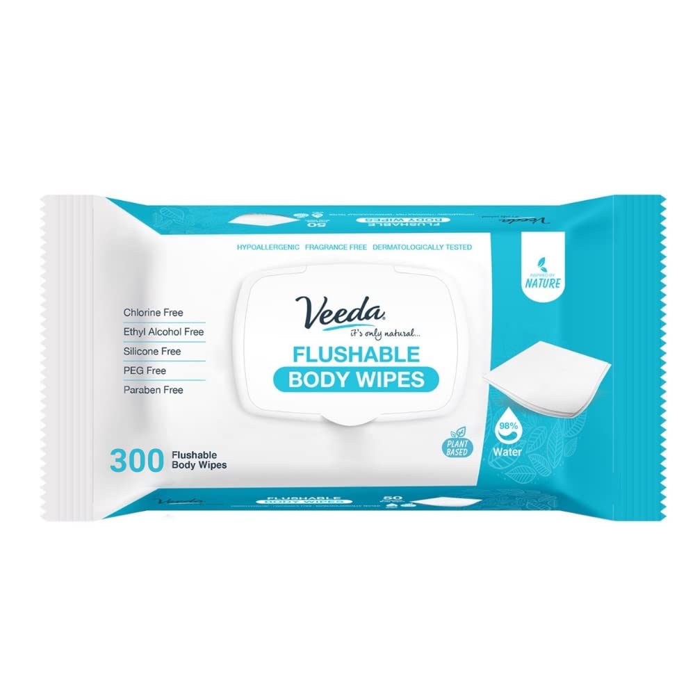 Veeda Natural Flushable Wipes for Adults - 300 Count, Hypoallergenic & pH Balanced Wet Wipes - Unscented Personal Cleansing Body Wipes Safe for Sensitive Skin - Toilet Wipes