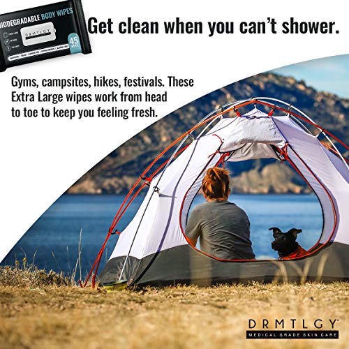 DRMTLGY Body and Face Shower Wipes for Women and Men - 45 Wipes. XTRA Large Biodegradable No Rinse Cleasning Wipes For Camping, Sports, Traveling, and more!