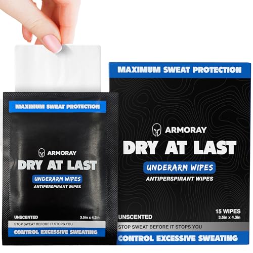 Armoray Dry At Last Underarm Sweat Wipes - Deodorant Wipes for Women & Men - Unscented Antiperspirant Wipes - Alcohol-Free Armpit Wipes - Pack of 15 Deodorant Wipes Individually Wrapped