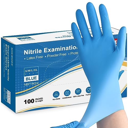 Schneider Nitrile Exam Gloves, 5 mil, Medium, Box of 100, Heavy Duty Disposable Gloves, Textured, Latex Free, Food Safe, Industrial Gloves for Medical, Cleaning, Cooking, Blue