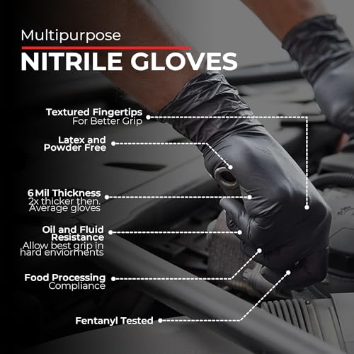 London Labs Heavy Duty Black Nitrile Exam Gloves 6Mil Disposable Industrial Powder & Latex Free (1000, X-Large)