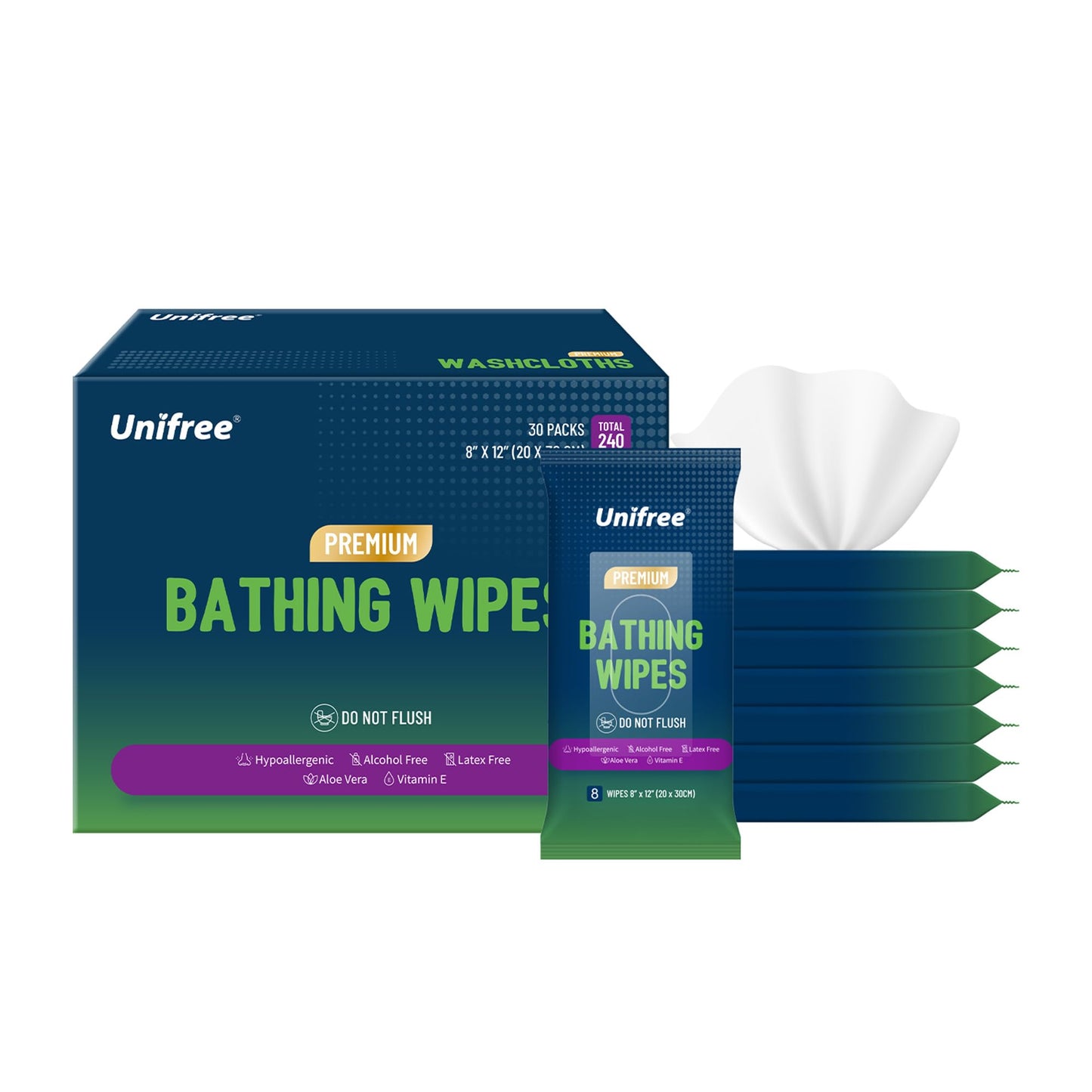 Unifree Bathing Wipes for Adults w/Aloe | Waterless Cleansing for sensitive skin | Disposable Adult Body Bath Wet Wipe | 240 Count