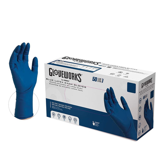 AMMEX GLOVEPLUS HD Medical Blue Latex Gloves, Box of 50, 13 mil, Size XLarge, Powder Free, Textured, Disposable, Non-Sterile, GPLHD88100-BX, Extra large, 50 Count (Pack of 1)