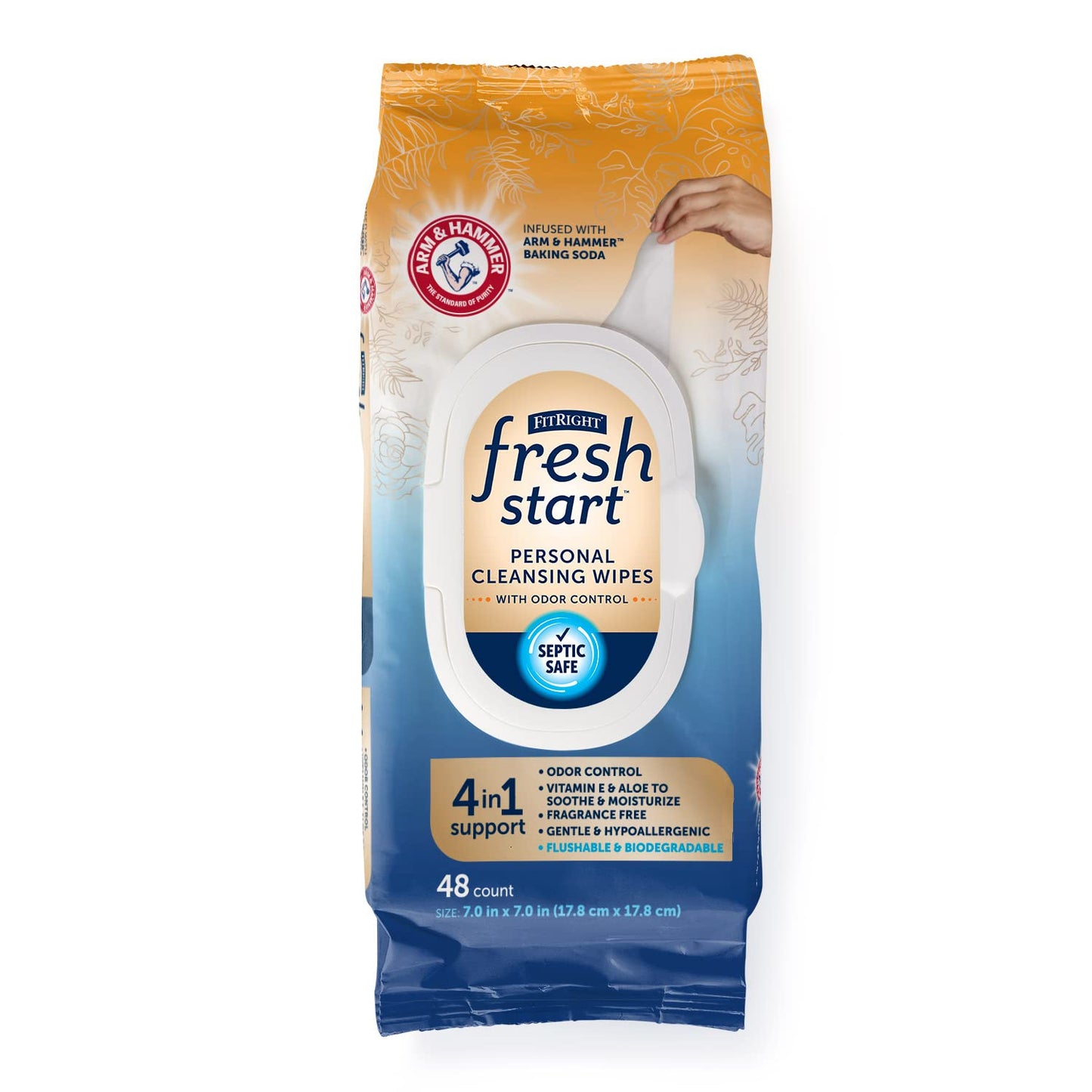 FitRight Fresh Start Flushable & Biodegradable Personal Cleansing Wipes, 48 Count, for Urinary Incontinence with the Odor-Control Power of ARM & HAMMER Baking Soda (Pack of 4)