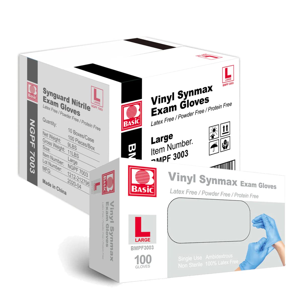 Basic Medical Synmax Vinyl Exam Gloves - Latex-Free & Powder-Free Disposable Glove - Large, BMPF-3003(1000 Pcs)