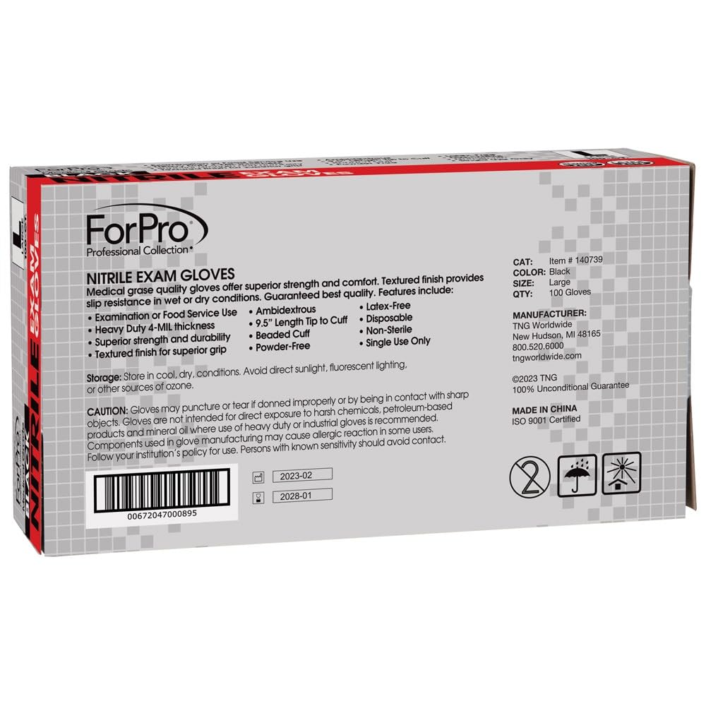 ForPro Disposable Nitrile Exam Gloves, Medical Grade, 4 Mil Extra Protection, Powder-Free, Latex-Free, Non-Sterile, Food Safe, Black, Large, 100-Count