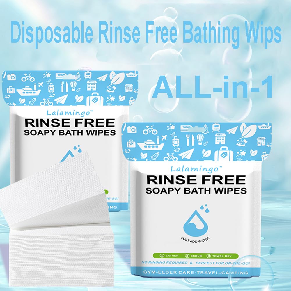 Disposable Rinse Free Bathing Wipes, Rinse Free Hand Wash Towel, All-in-1 Single Use Shower Wipes for Camping, Outdoor, Swimming, Gym & Sports 30x30cm (25/pack) (2 pack)