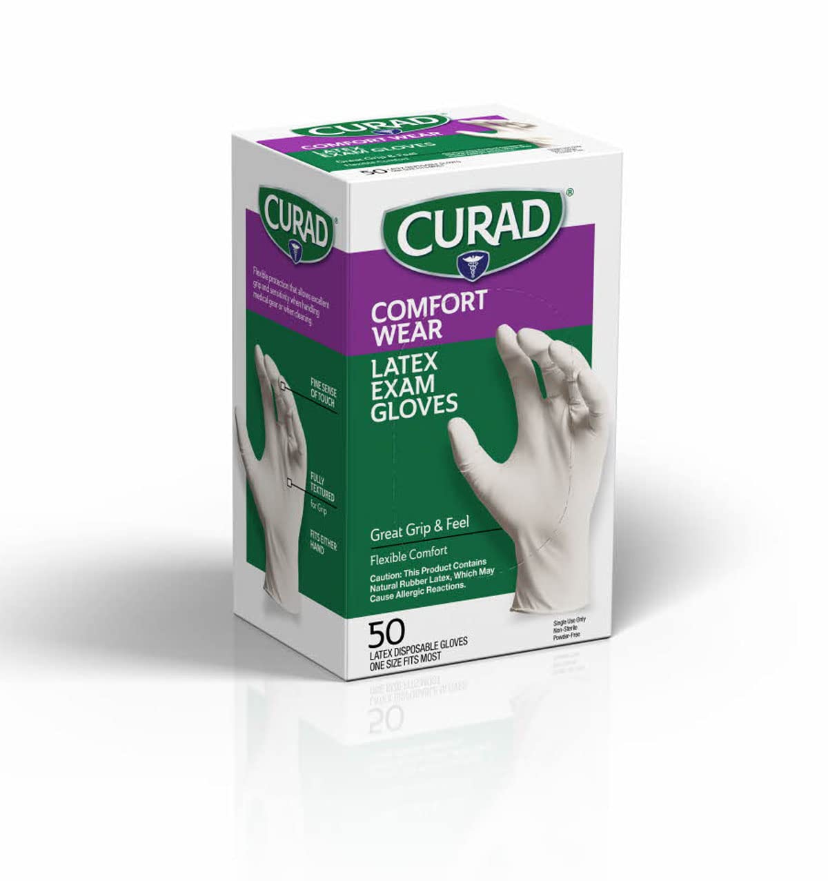 Curad Comfort Wear Latex Exam Gloves, Powder-Free, One Size Fits Most, 50 Count,White