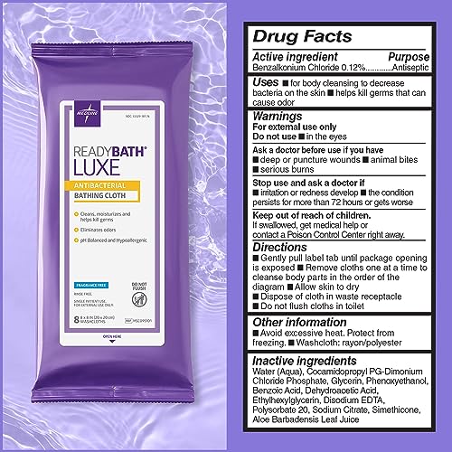 Medline ReadyBath LUXE Antibacterial Extra Thick Adult Bath Wipes (8 Wipes), Unscented, No Rinse Formula with Aloe, Shower Wipes for Sensitive Skin, Hypoallergenic & Alcohol-Free, 8 x 8 Inch