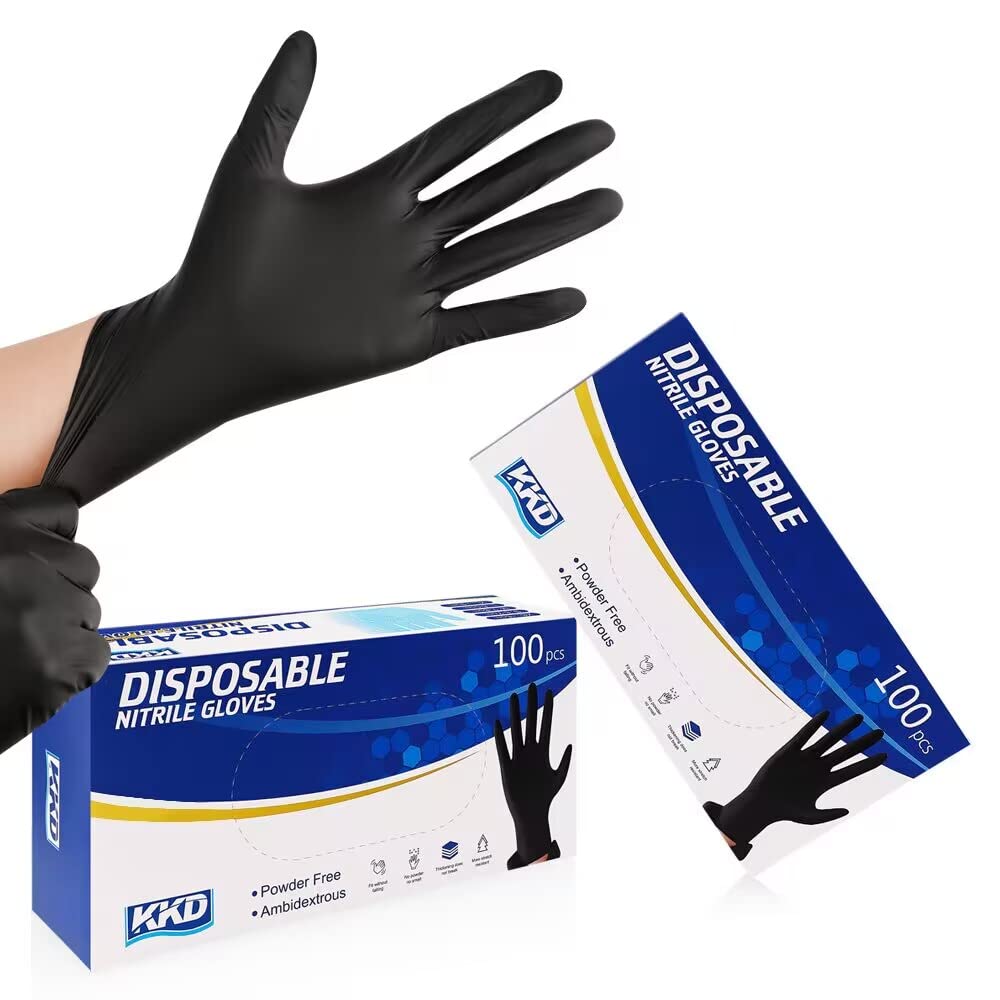 KKD Nitrile Gloves, 5.5 Mil Disposable Gloves Powder Free, 100 Count Food Safe Gloves Disposable Latex Free For Cooking, Cleaning, Work, Black, X-large