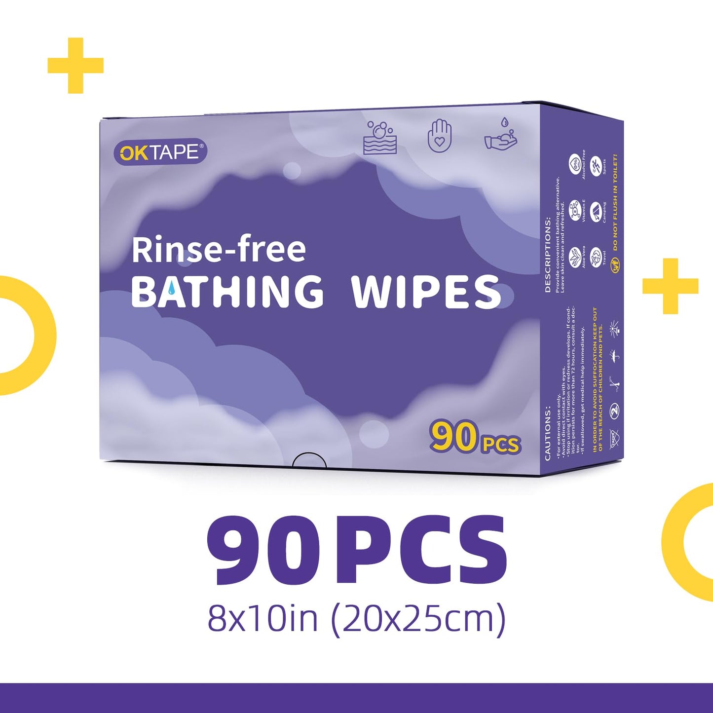 OK TAPE Rinse Free Bathing Wipes | 8'' x 10'' | Body Wipes for Adults | Waterless Cleansing w/Aloe for Sensitive Skin | for Disabled Bedridden Elderly Care Home Hospital & Travel | 90 Count (18 Pack)